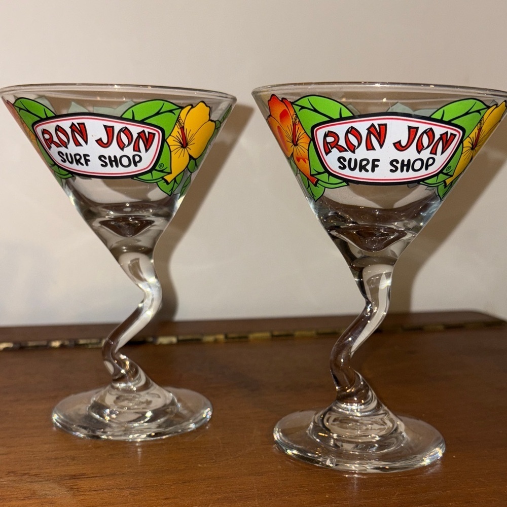 Y2K Era Ron Jon Surf Shop Retro Bent Stem Martini Glass 2 Matching Hibiscus Cute